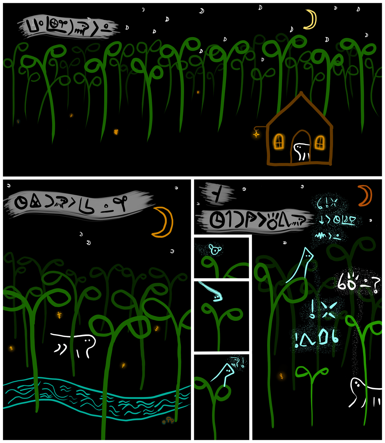 sitelen ale lon ni li lukin sama sitelen pona pi nimi ona. sitelen: lon poka pi ma kasi suli la soweli li lon. (tomo soweli lon poka ma kasi.) sitelen: tenpo pimeja la soweli li wile noka lon kasi. (soweli lon ma kasi. telo en pipi suno en mun li lon.) sitelen: taso tenpo wan la waso li toki tawa soweli. (waso laso li tawa sewi kasi.) waso: mu! soweli o! sina o weka! ni li tenpo pi mun uta! monsuta li lon. soweli: sina toki lon seme? waso: o weka. o tawa tomo sina.
