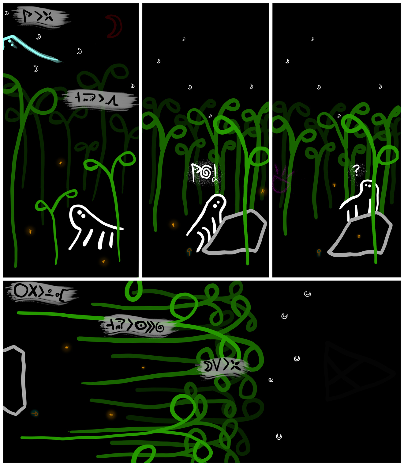 sitelen: waso li weka. taso soweli li awen. (soweli li tawa sewi kiwen.) soweli: waso nasa a! (kalama li kama tan monsi. sitelen ona li loje laso.) soweli: seme? sitelen: ijo ala li lon monsi. taso soweli li lukin e nasa. mun suli li weka. (mun li lon ala sewi.)