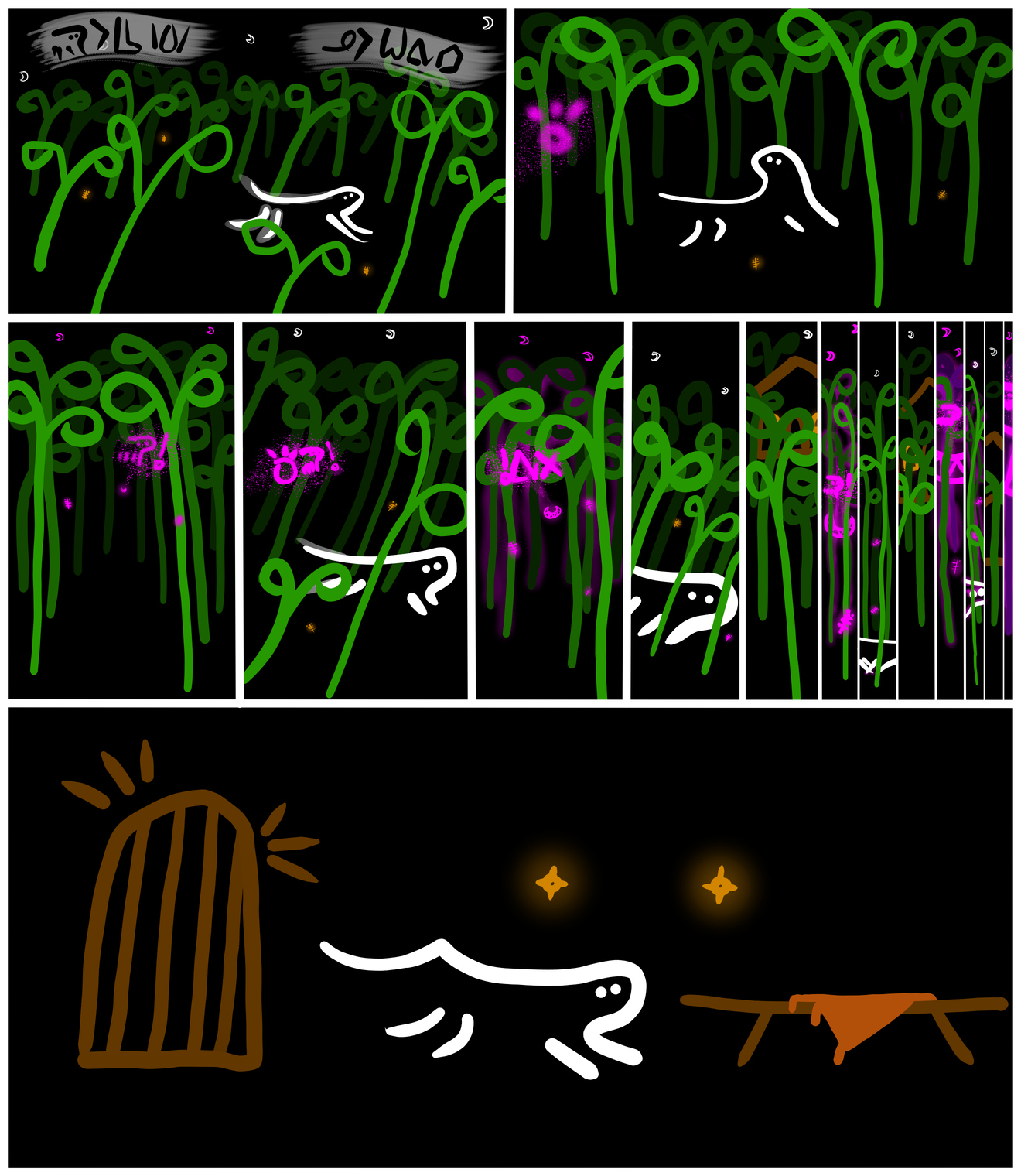 sitelen: soweli li noka wawa. ona li wile tawa tomo. (nimi toki pi loje laso li kama tan monsi soweli. ona li lukin e monsi li lukin e ni: mun li lon kasi. ona li lukin sama uta. kiwen uta ona li lukin sama nimi monsuta, la ona li mun monsuta lon sitelen pona. ona li loje laso. ona li ante e kule pi mun lili e kule kasi e kule pipi tawa loje laso.) mun: soweli o! (mun li alasa e soweli.) mun: toki soweli o! o tawa ala! soweli o! (mun li kama poka. soweli li ken lukin e tomo li tawa wawa. mun li poka wawa li suli mute. soweli li kama loje laso lili.)mun: soweli! (soweli li tawa insa tomo li pini wawa e lupa.)