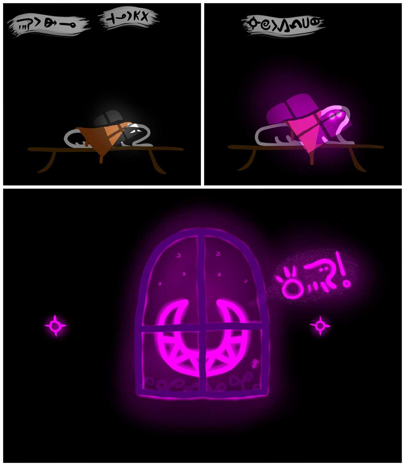 (soweli li lon supa li lon anpa len.) sitelen: soweli li alasa lape. taso ona li ken ala. (suno lili walo li lon soweli tan lupa lukin.) sitelen: suno nasa li kama tan lupa lukin. (suno li kama wawa, li kama loje laso. oko soweli li kama loje laso kin.) mun: toki soweli o! (mun monsuta li lon lupa kiwen. ona li suli mute li monsuta lukin mute. ijo ale li loje laso.)