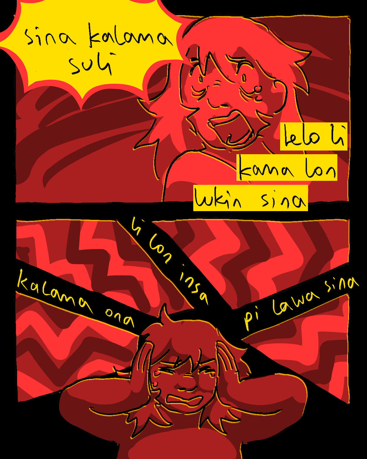 "sina kalama suli. telo li kama tan lukin sina. kalama ona li lon insa pi lawa sina" (jan li len e kute ona kepeken luka. lukin ona li pini. taso kalama li suli suli.)