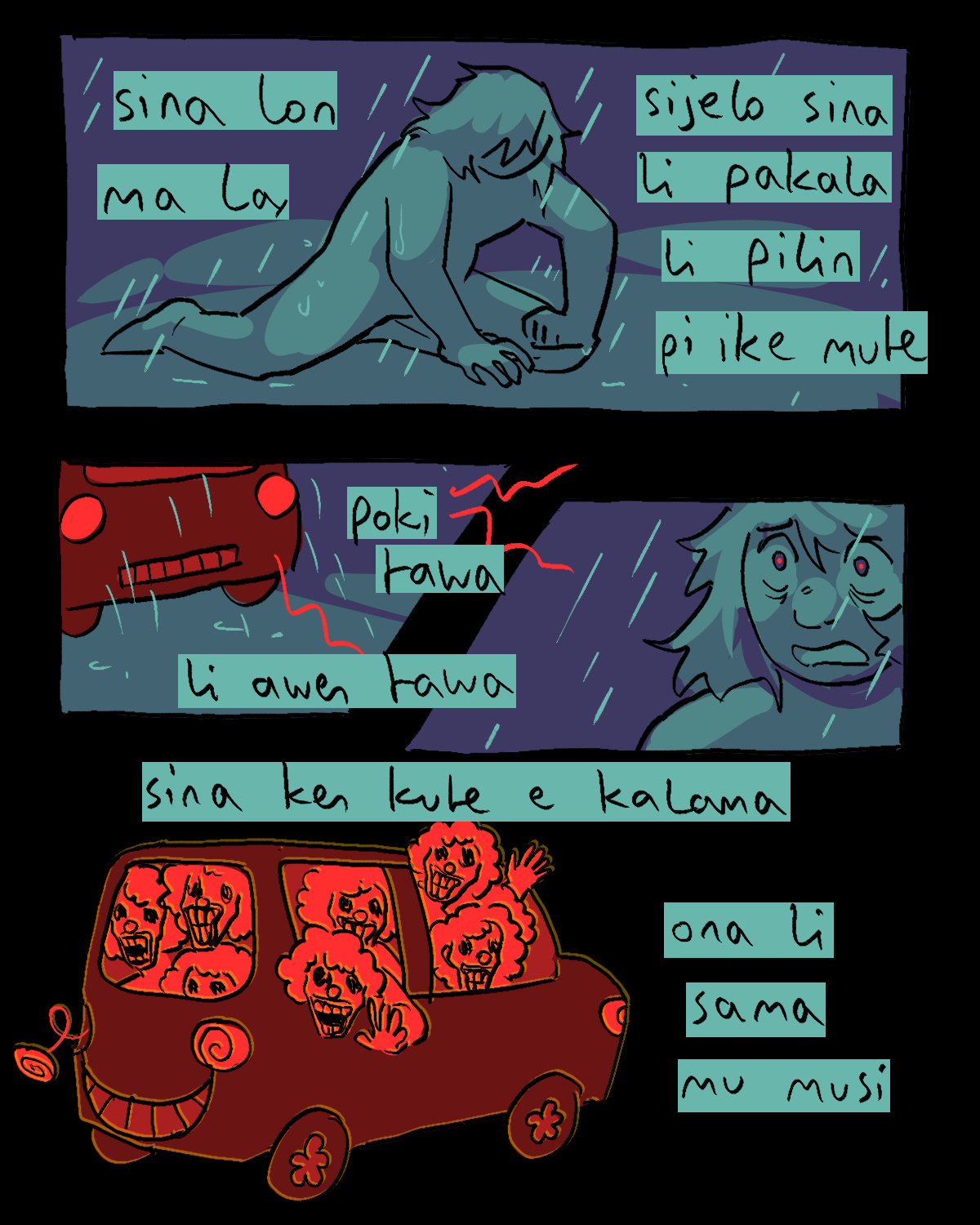 "sina lon ma la, sijelo sina li pakala li pilin pi ike mute. poki tawa li awen tawa. sina ken kute e kalama. ona li sama mu musi." (tomo tawa li kama nasa mute lukin. ale li laso, taso tomo tawa li awen loje. jan nasa mute li lon ona li tawa e luka ona.)