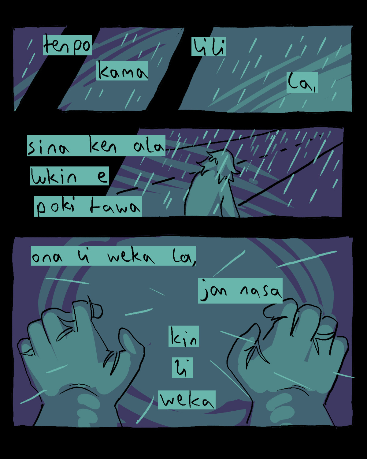 "tenpo kama lili la, sina ken ala lukin e poki tawa. ona li weka la, jan nasa kin li weka." (jan li anpa lon poka nasin. telo sewi li kama lon ona.)