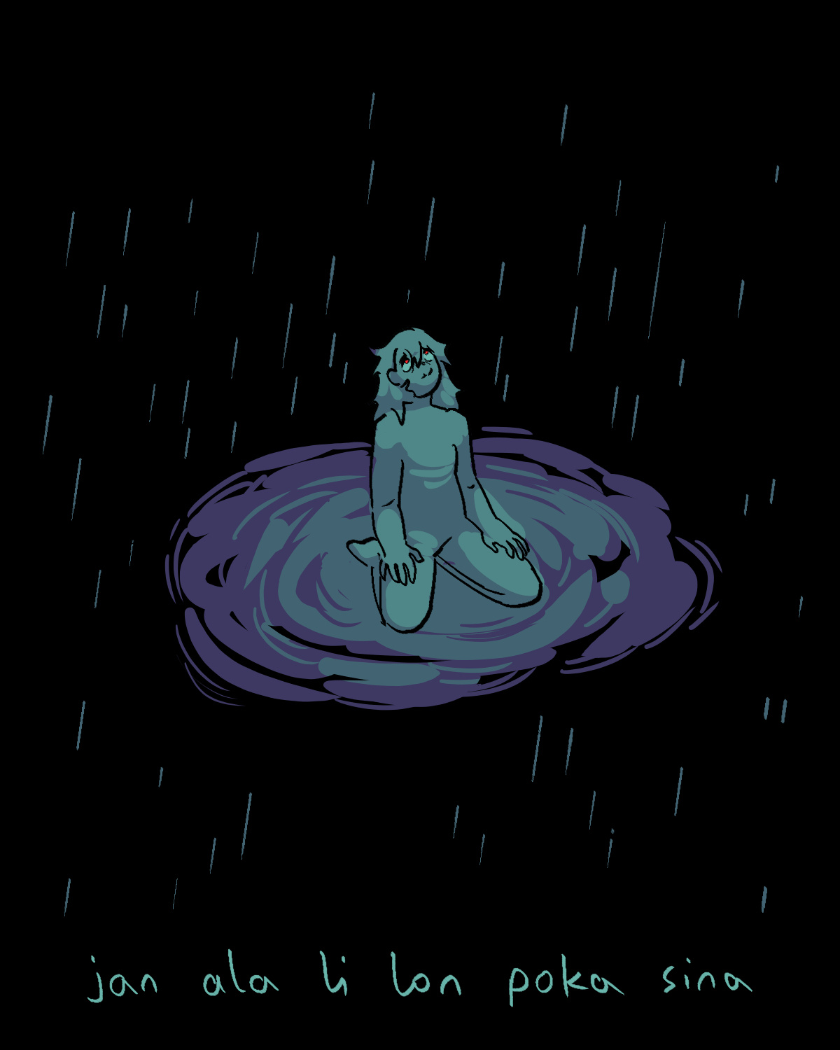 "jan ala li lon poka sina." (jan li lon sike laso lili lon pimeja suli. ona li lukin tawa sewi. ona li lukin ike.)