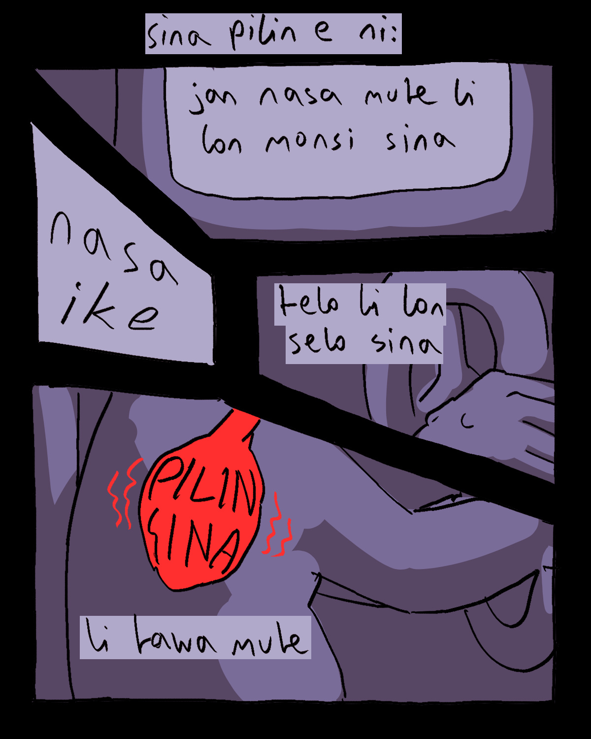 "sina pilin e ni: jan nasa mute li lon monsi sina. nasa ike. telo li lon selo sina. pilin sina li tawa mute."