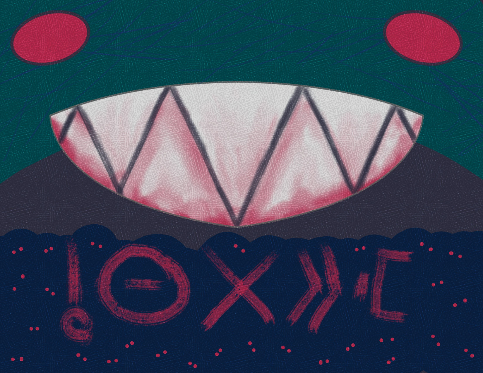 ma pi kasi suli pimeja li lon. oko lili loje mute li lon kasi. sinpin monsuta suli li lon sewi pi ma kasi. sitelen li toki e ni kepeken sitelen pona: "o lukin ala e monsi".