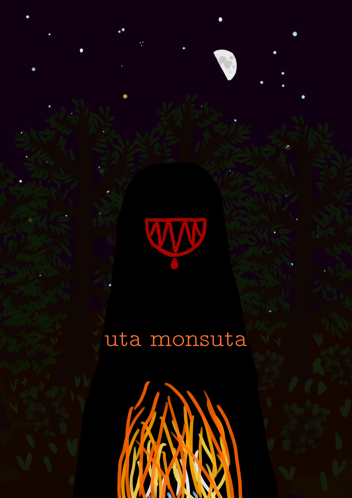 tenpo pimeja li lon ma pi kasi suli. mun li kipisi. mun lili mute li lon sewi. seli lili li lon. monsi seli la monsuta pimeja li lon. uta ona li sama sitelen pona pi nimi ni: "uta monsuta".